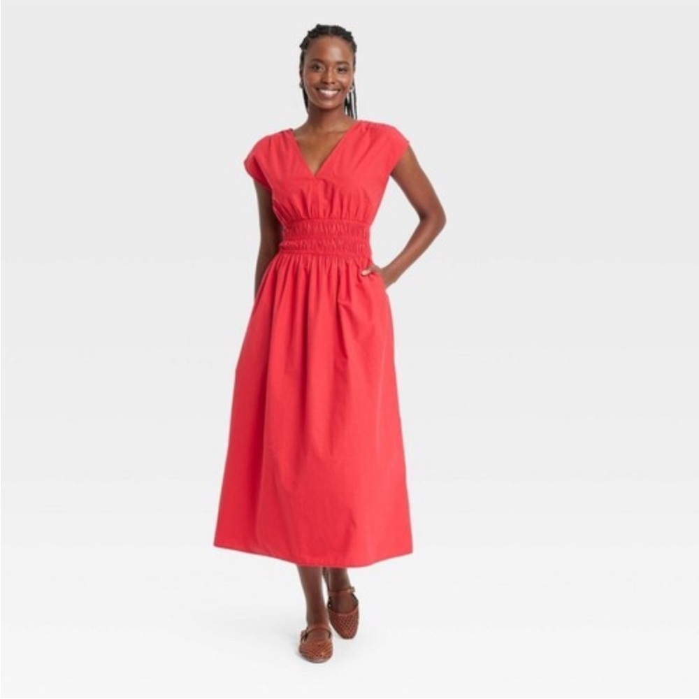 Universal Thread V-Neck Smocked Cotton Red Sun Dress